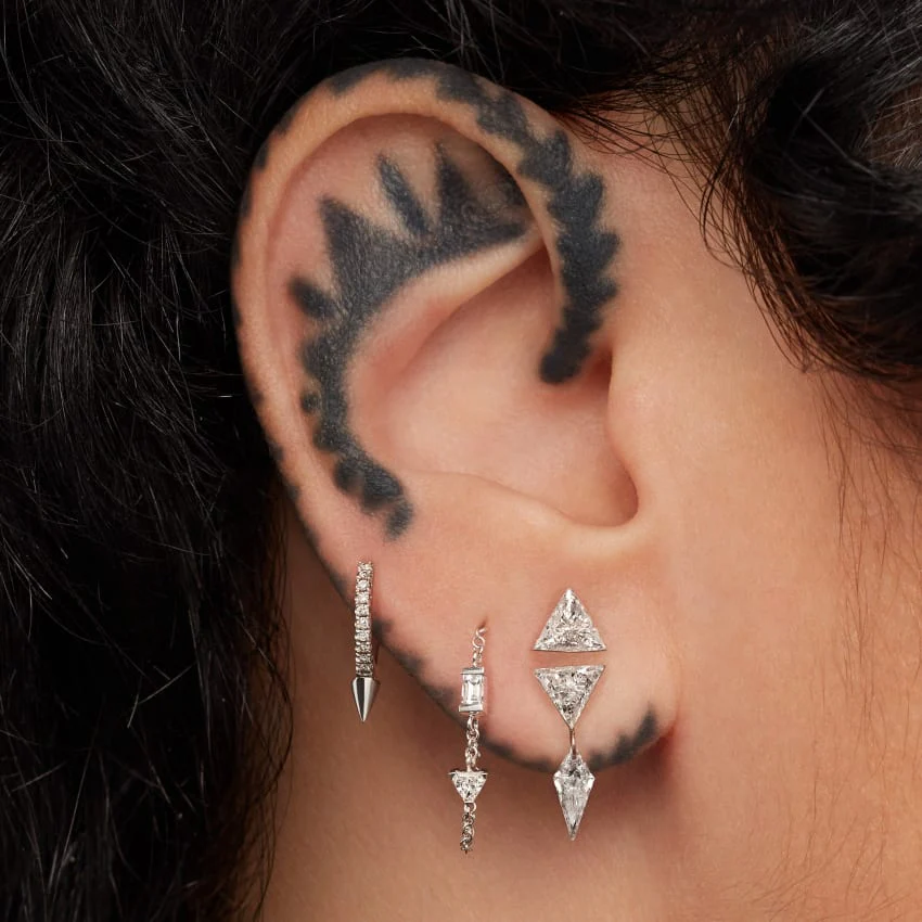 Baguette and Triangle Diamond Chain Wrap Stud Earring - Image 6