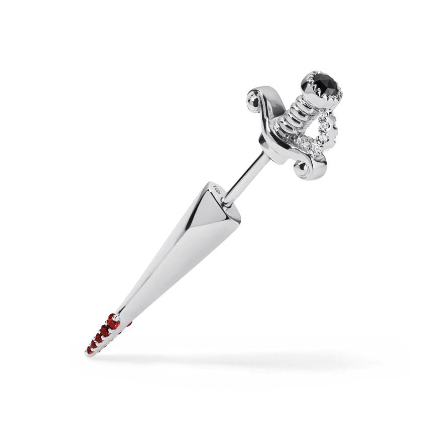 Black and White Diamond Long Sword with Ruby Drops Earstud - Image 2