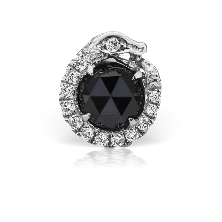 Black and White Diamond Pavé Ouroboros Threaded Stud Earring With Titanium Backing - Image 2