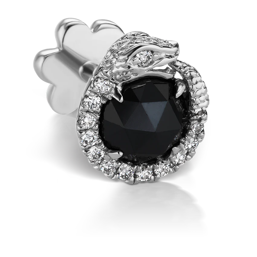 Black and White Diamond Pavé Ouroboros Threaded Stud Earring With Titanium Backing - Image 4