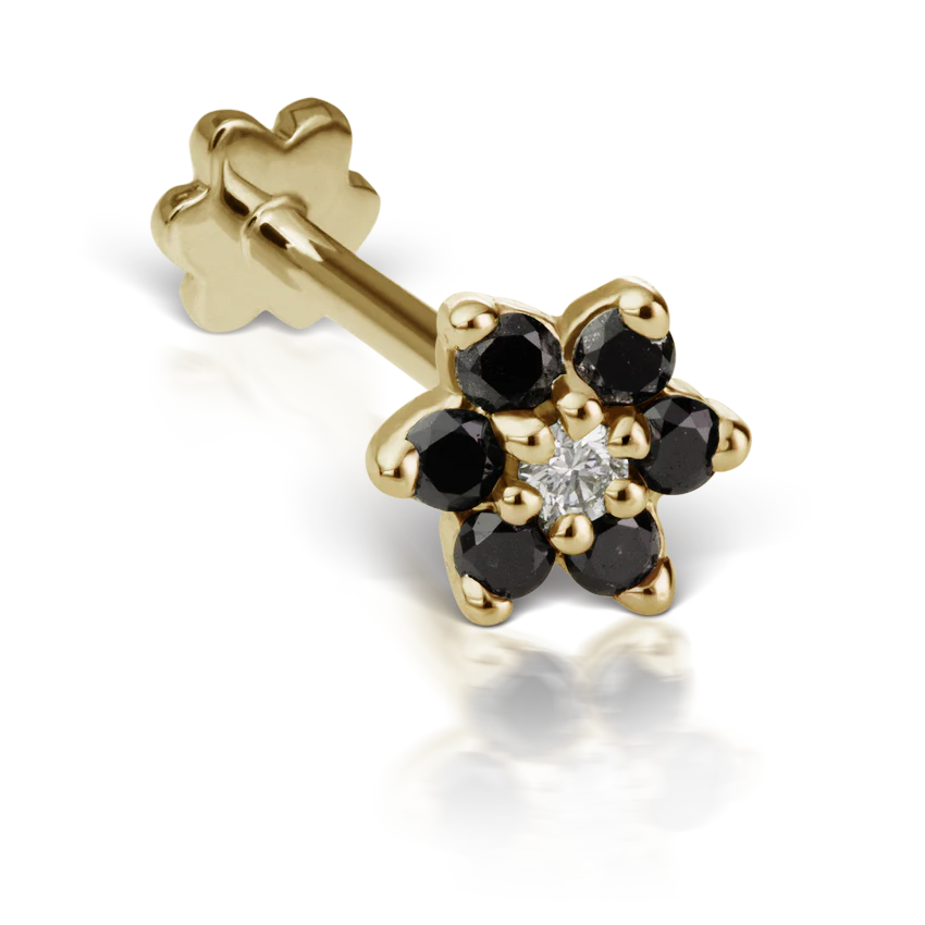 Black Diamond Flower Threaded Stud Earring With Titanium Backing - Image 10