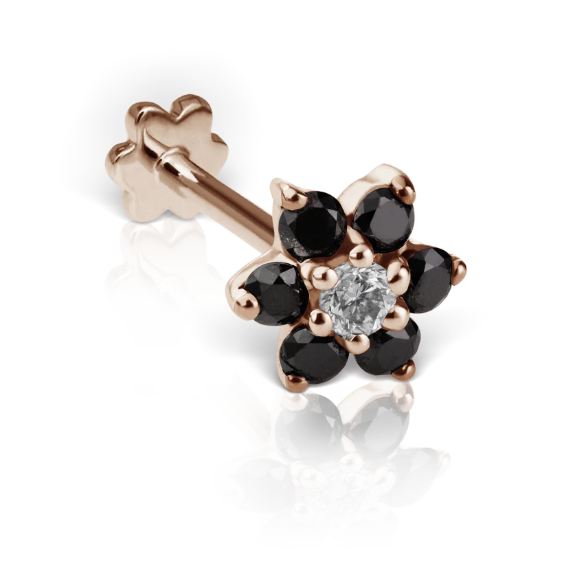 Black Diamond Flower Threaded Stud Earring With Titanium Backing - Image 17