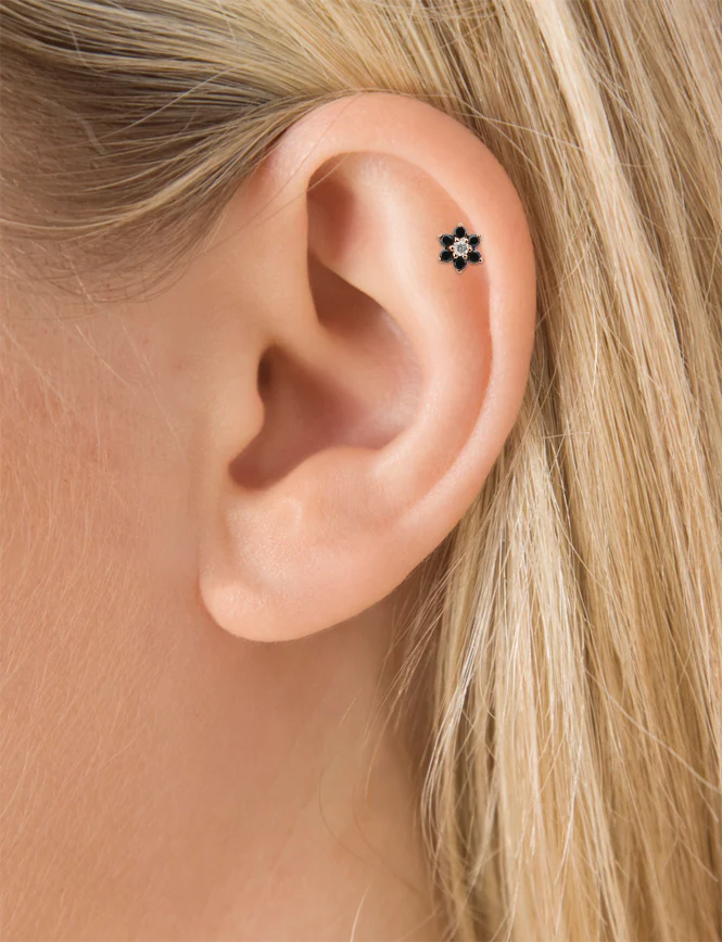 Black Diamond Flower Threaded Stud Earring With Titanium Backing - Image 19