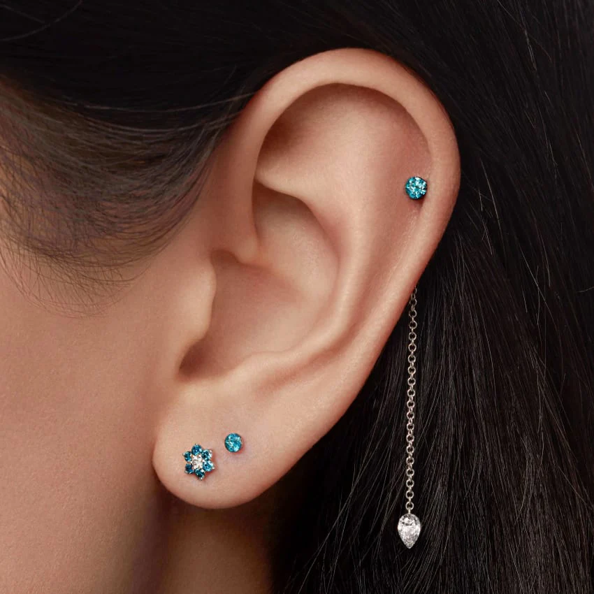 Blue Diamond Flower Threaded Stud Earring With Titanium Backing - Image 18