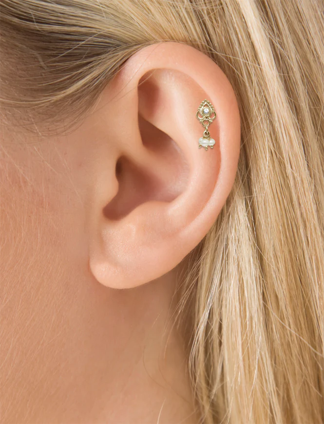 Diamond Ajna with Pearl Dangle Threaded Stud Earring With Titanium Backing - Image 9