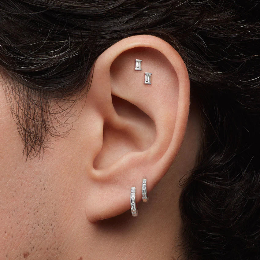 Diamond Baguette Threaded Stud Earring With Titanium Backing - Image 4