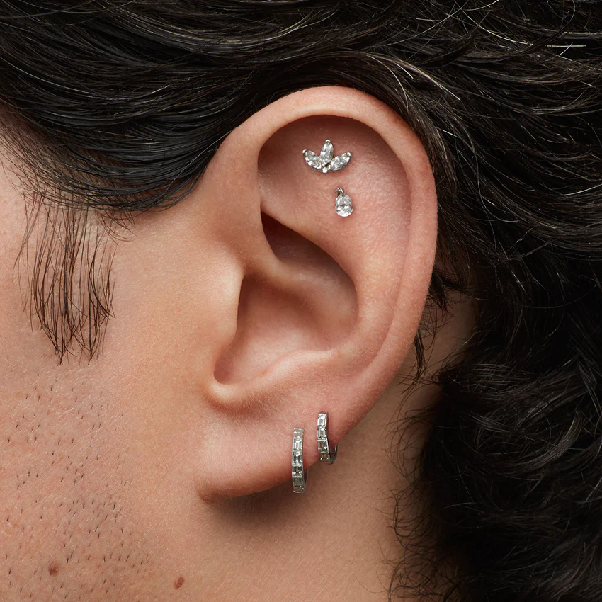 Diamond Engraved Lotus Threaded Stud Earring - Image 3