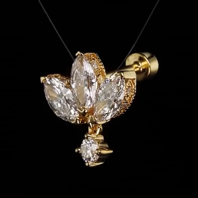 Diamond Engraved Lotus with Dangle Threaded Stud Earring - Image 7