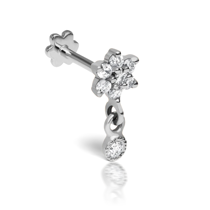 Diamond Flower with Dangle Threaded Stud Earring With Titanium Backing - Image 2
