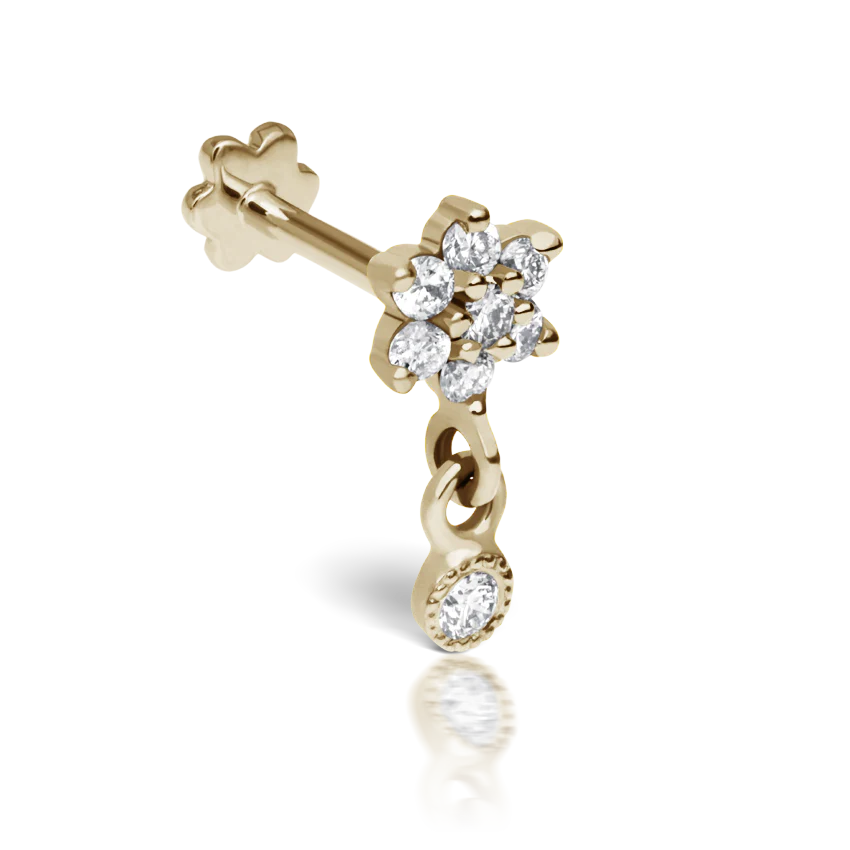 Diamond Flower with Dangle Threaded Stud Earring With Titanium Backing - Image 5