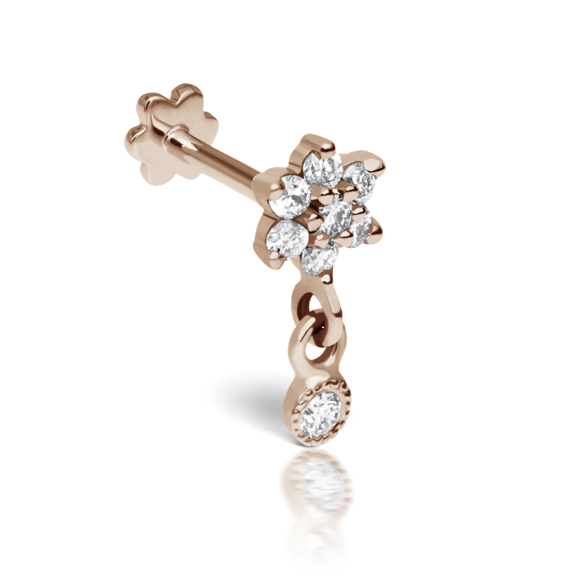 Diamond Flower with Dangle Threaded Stud Earring With Titanium Backing - Image 8