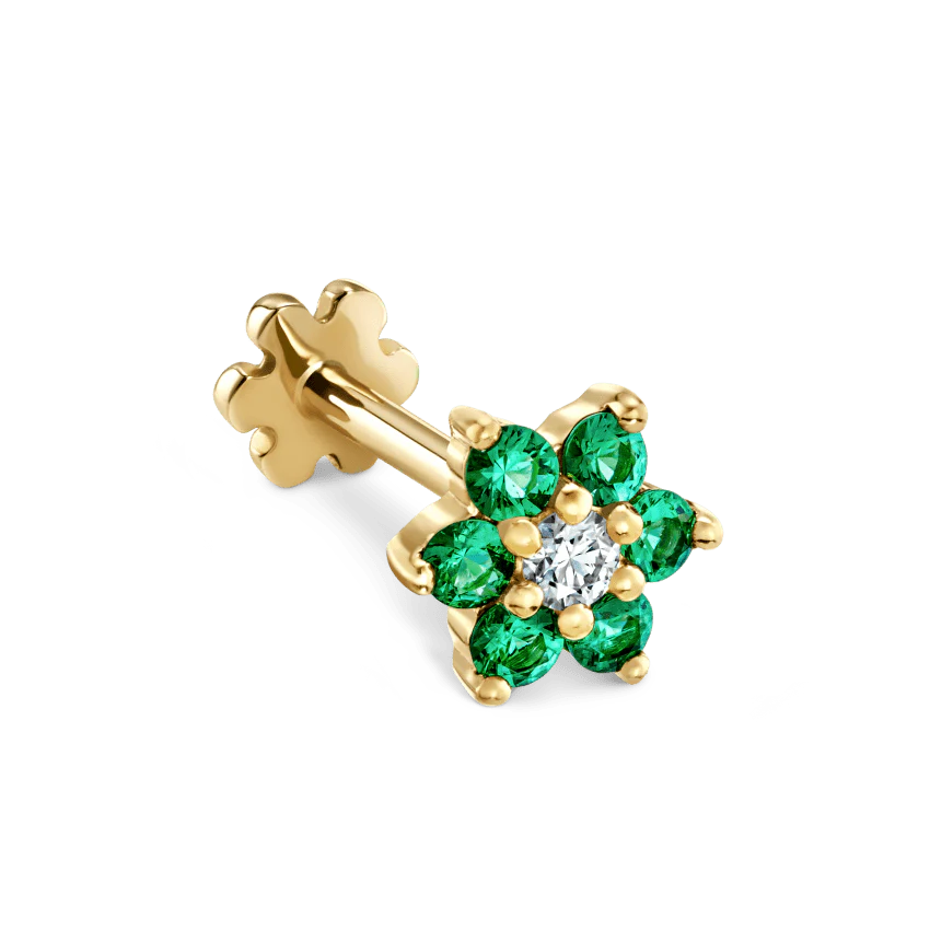 Emerald and Diamond Flower Threaded Stud Earring - Image 11