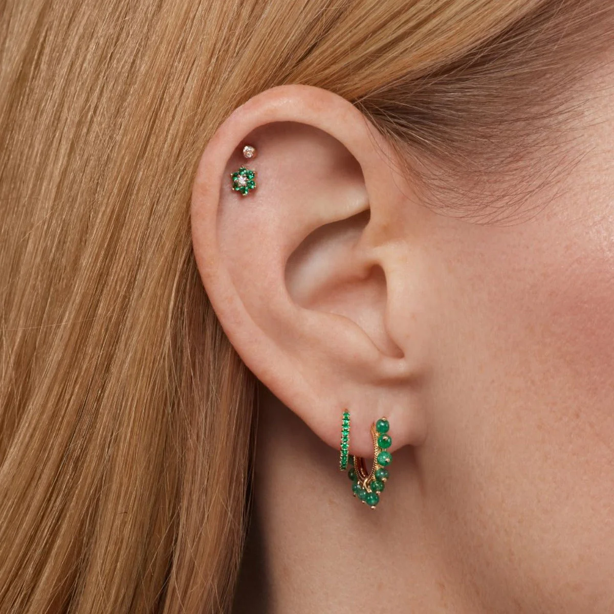 Emerald and Diamond Flower Threaded Stud Earring With Titanium Backing - Image 12