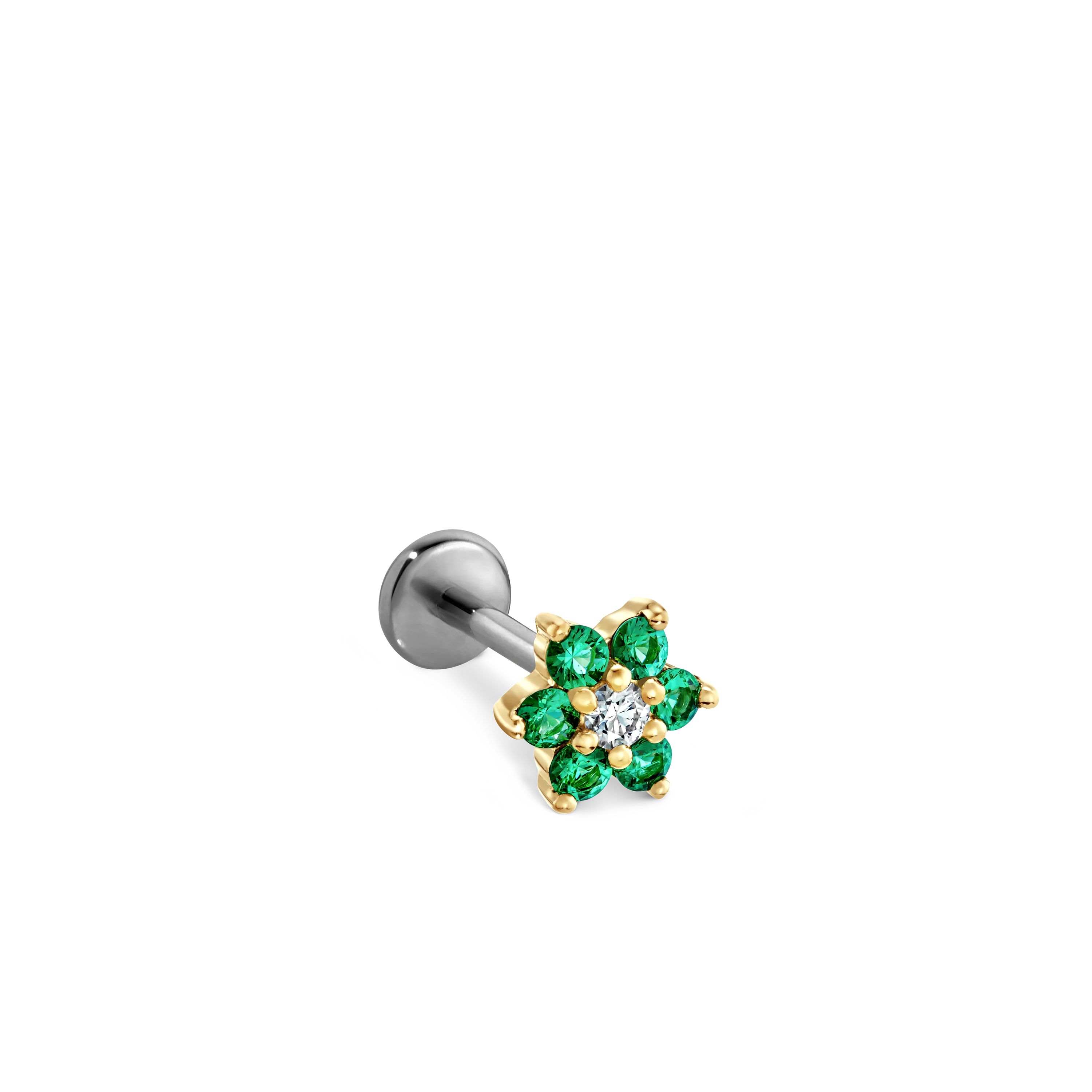 Emerald and Diamond Flower Threaded Stud Earring With Titanium Backing - Image 14