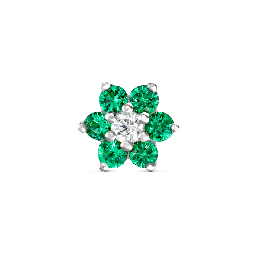 Emerald and Diamond Flower Threaded Stud Earring With Titanium Backing - Image 7