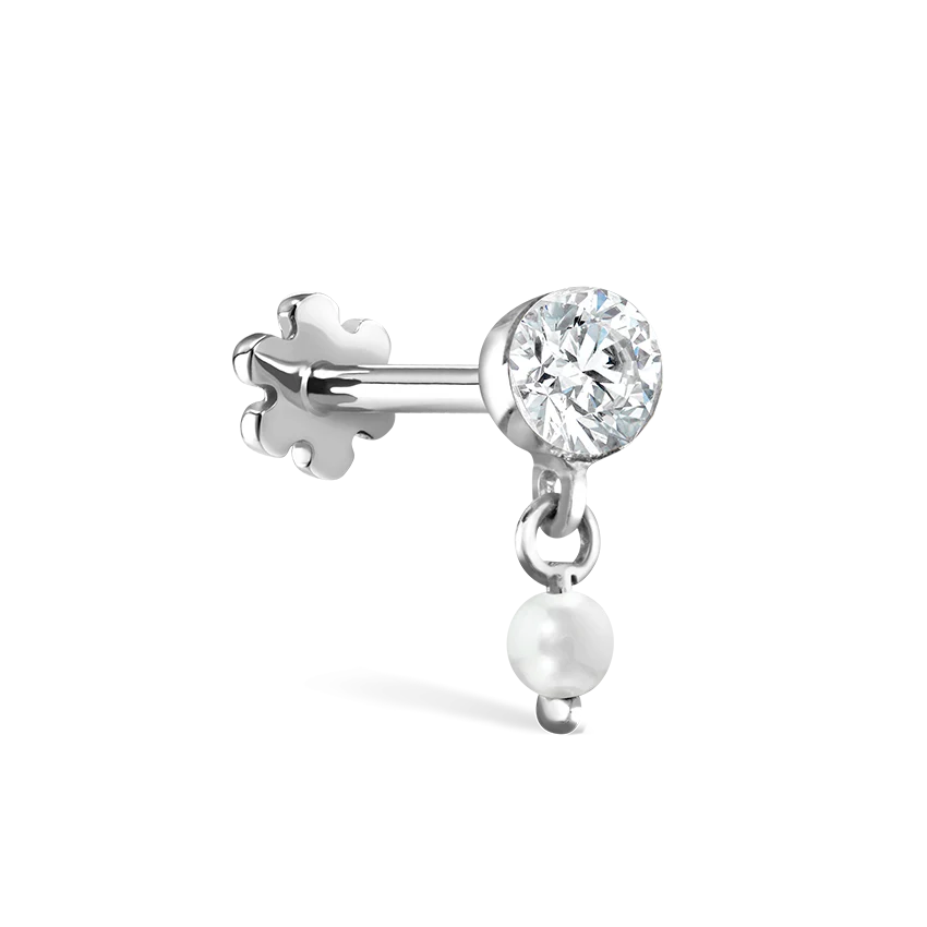 Invisible Set Diamond and Pearl Dangle Threaded Stud Earring - Image 4