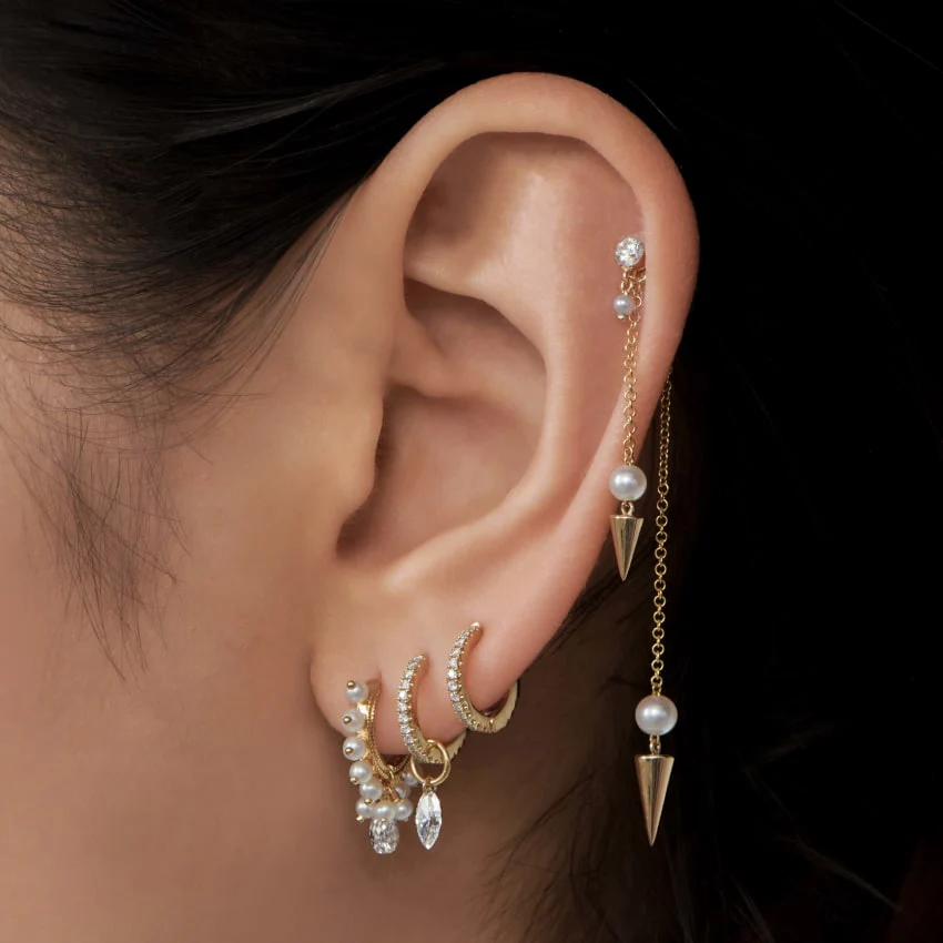 Invisible Set Diamond and Pearl Dangle Threaded Stud Earring With Titanium Backing - Image 3
