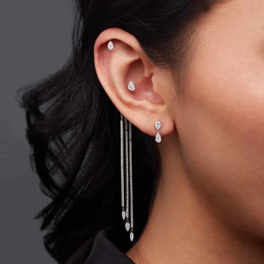 Invisible Set Diamond Pear Dangle Threaded Stud Earring With Titanium Backing - Image 5