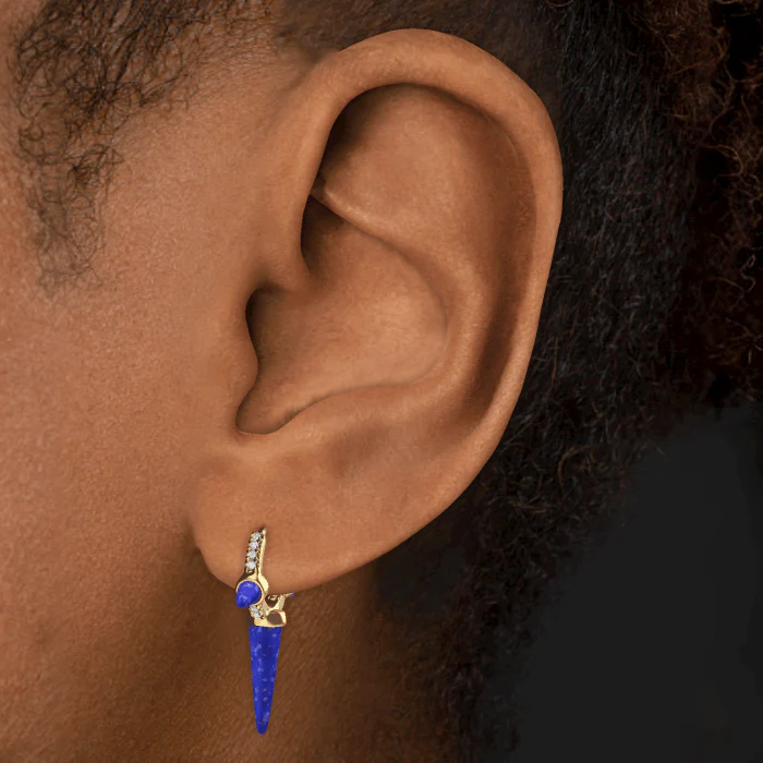 Lapis Triple Long Spike Diamond Eternity Hoop Earring - Image 14