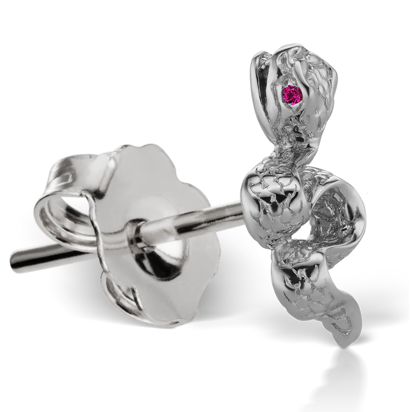 Large Engraved Snake with Ruby Eyes Stud Earring - Image 3