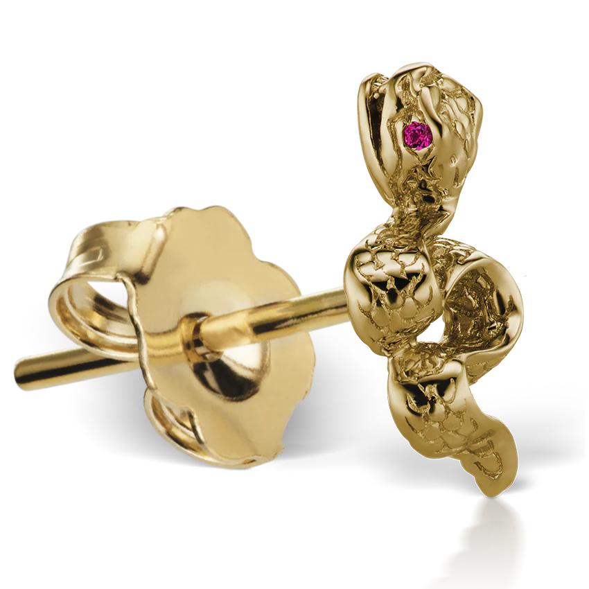Large Engraved Snake with Ruby Eyes Stud Earring - Image 6