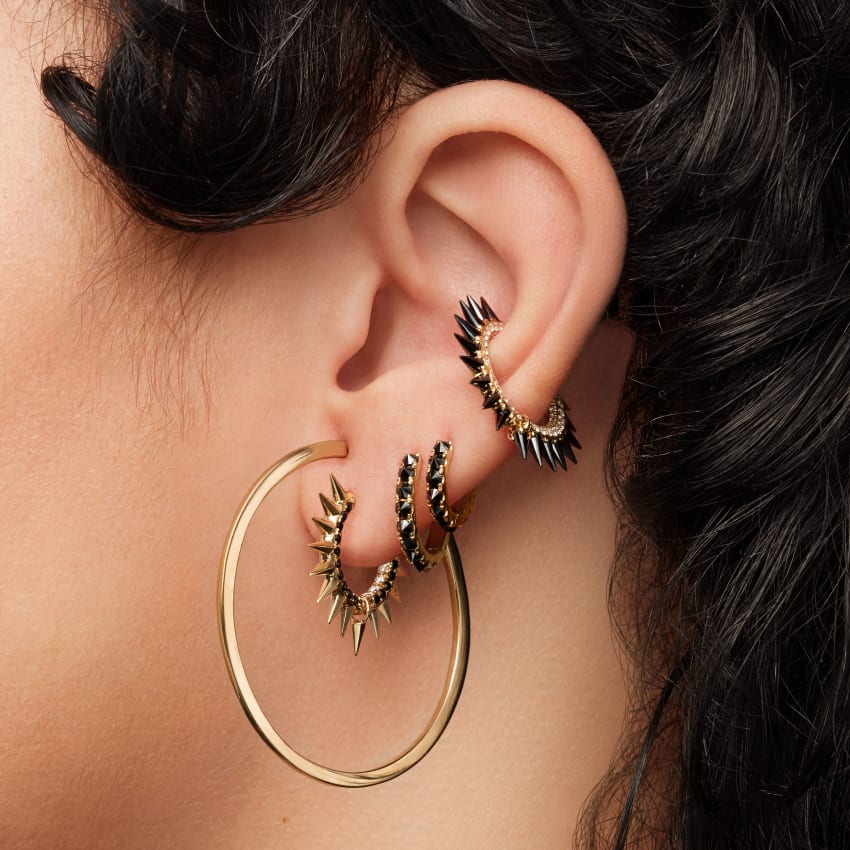 Metal Mohawk with Black and White Diamond Pavé Hoop Earring - Image 15