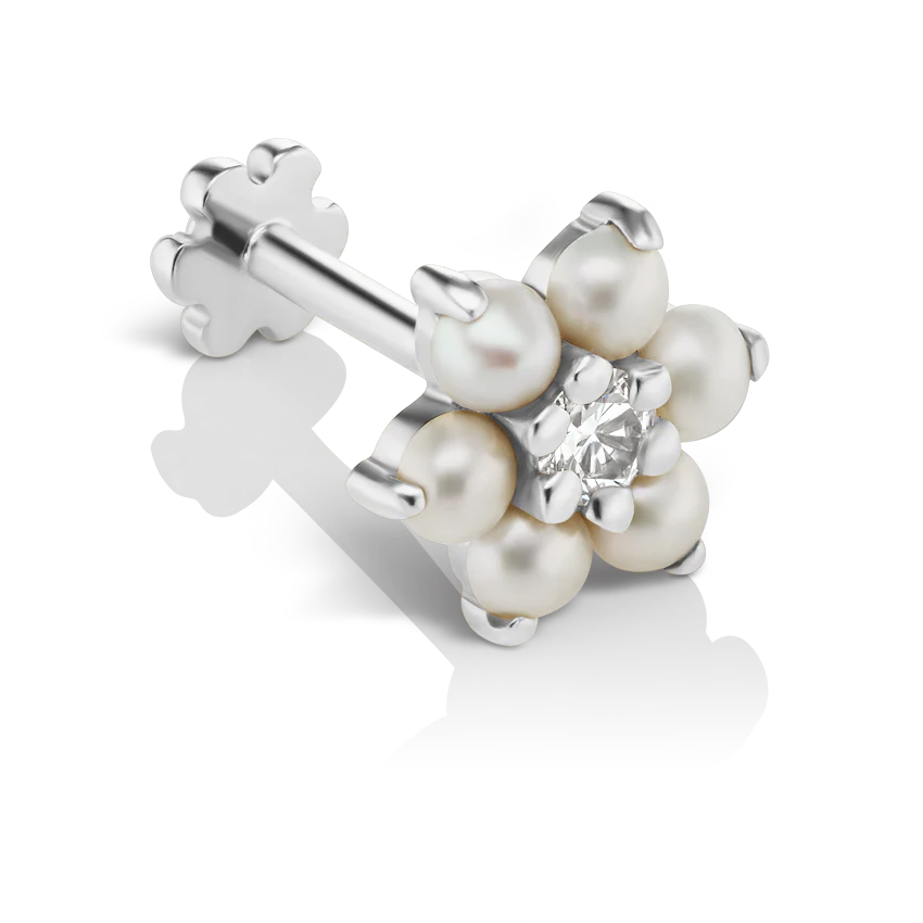 Pearl Flower with Diamond Center Threaded Stud Earring With Titanium Backing - Image 2