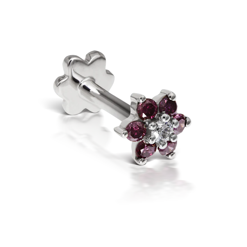 Rose Purple Diamond Flower Threaded Stud Earring With Titanium Backing
