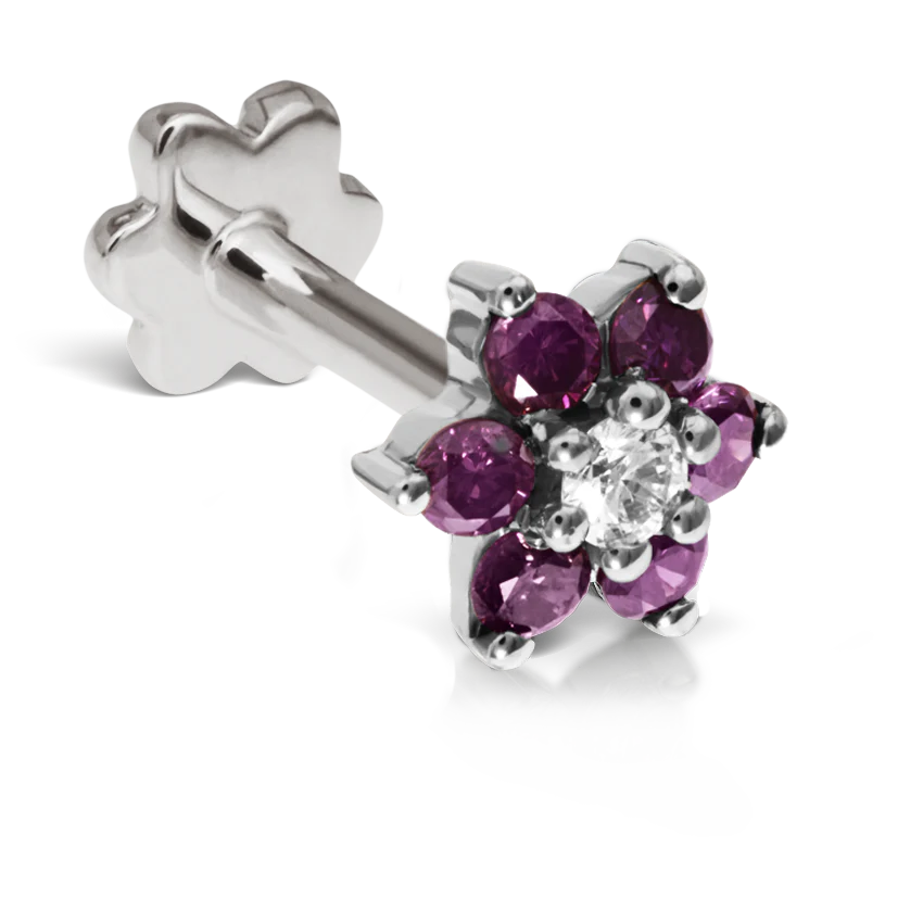 Rose Purple Diamond Flower Threaded Stud Earring With Titanium Backing - Image 9
