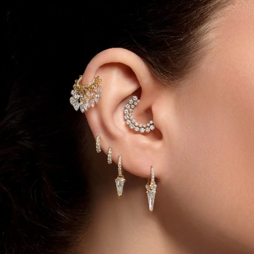 Silhouette Diamond Triple Long Spike Eternity Hoop Earring - Image 19