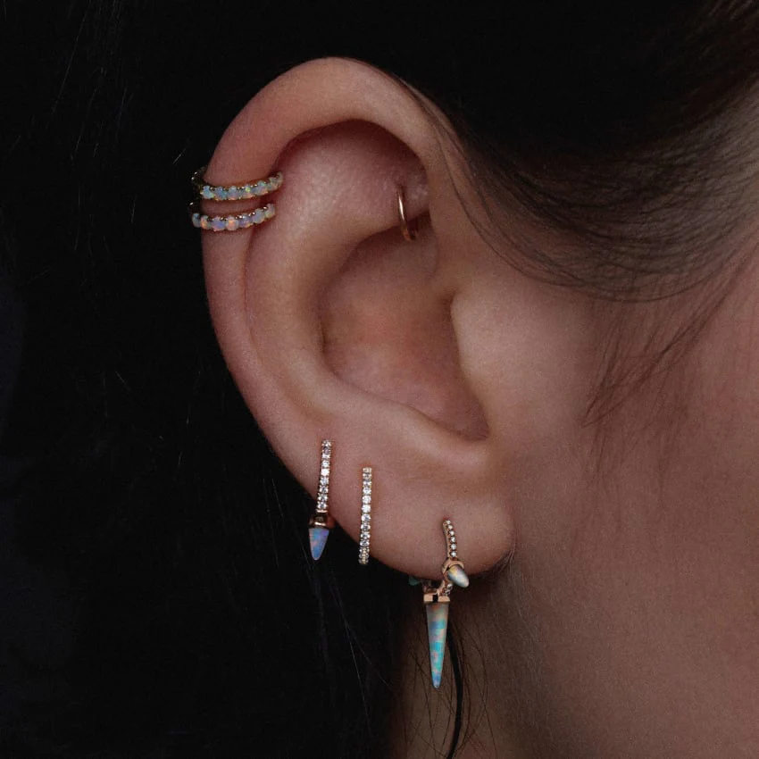 Triple Long Opal Spike Diamond Eternity Hoop Earring - Image 24